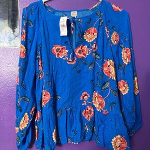 LOFT flowy, vibrant blue with floral print and gold details MEDIUM. NWT